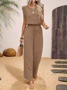 conjunto de 2 piezas Sin Mangas Con Top De Encaje Recortado Y Tela Texturizada Para Mujer - Marrón - Ver 4