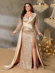 Elisanya Curve Plus Women's V-Neck Long Sleeve High Slit Fishtail Formal Evening Gown | Elegant Design - Champagne - View 3