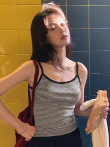 女士复古条纹吊带背心，露背无袖衬衫，夏季新品 - 白色 - 查看 1