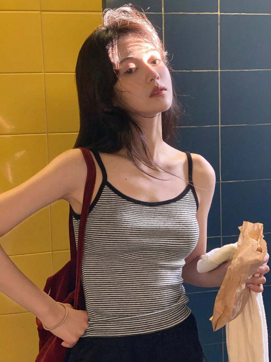 女士复古条纹吊带背心，露背无袖衬衫，夏季新品 - 白色 - 查看 1