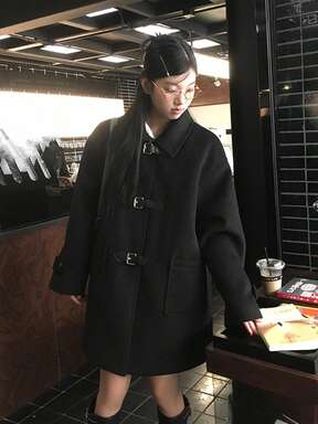 블랙 폴로 칼라 울 혼방 코트, 여성용 고품질 아우터, 가을/겨울