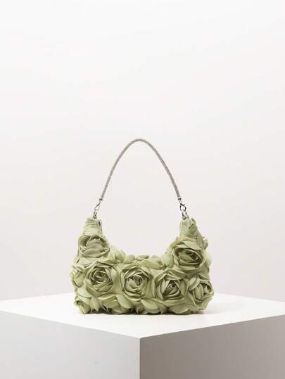 Elegant Rose Flower Women's Shoulder Bag, Floral Bag, Bridal Party, Prom Bag, Prom Accessories, Premium Style Ladies Handbag, Wedding Items, Bag For Women Elegant (Pattern Random) , Green
