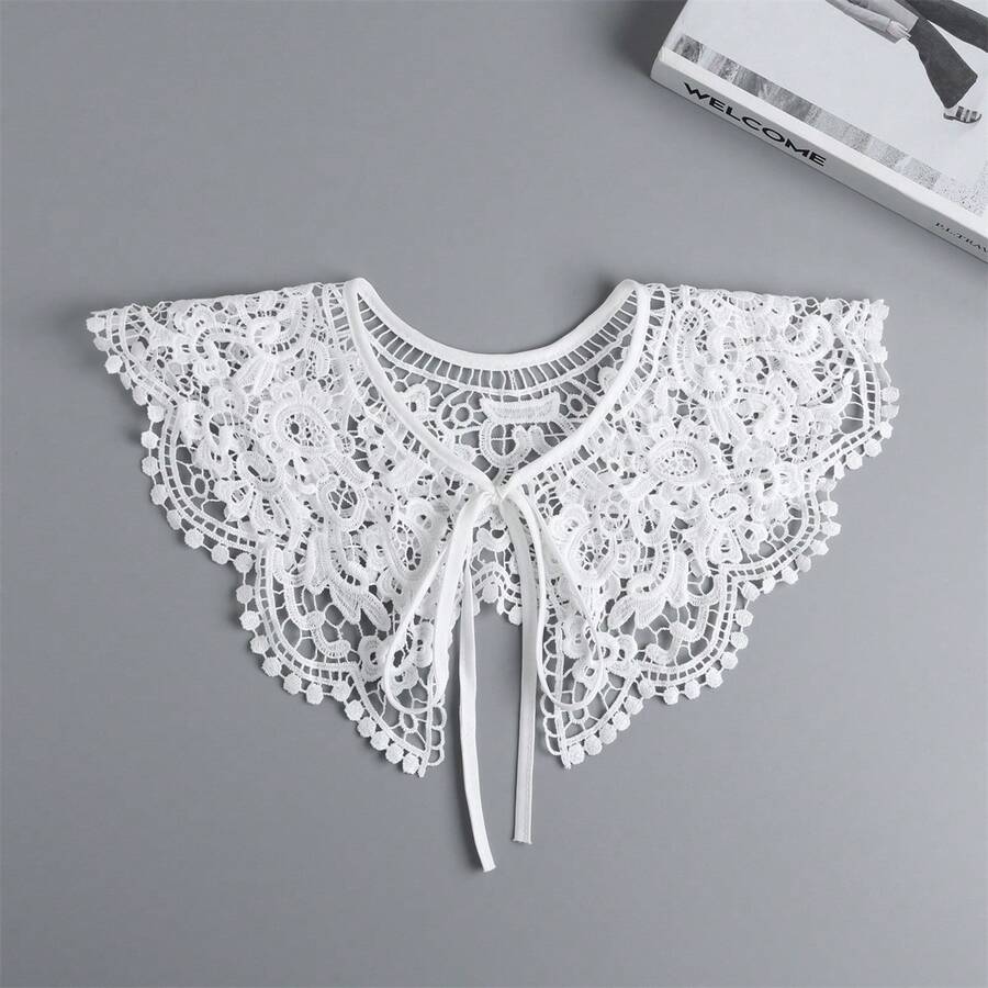 1 pieza Cuello con inserto de encaje floral elegante francés de estilo multicapa, decorado con botones de perlas huecas, adecuado para uso diario, citas y estilo callejero, para primavera/otoño - Multicolor - Ver 1