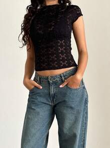 Women's Sheer Lace Tops Summer Cap Sleeve Scoop Neck Solid Color T-Shirts Blouses