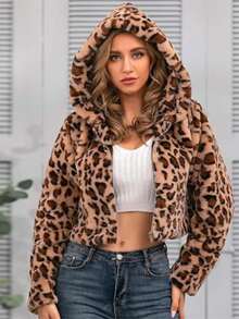Women's Casual Leopard Print Fleece Hooded Jacket