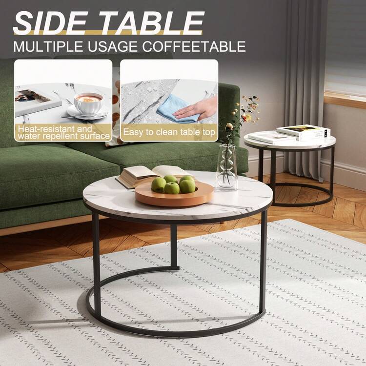 FXLTSBL 2 Pieces Side Table Set Round, Coffee Table Made Of Wood With Metal Frame, Modern Coffee Tables Nesting Tables For Living Room Bedroom - Black - View 6