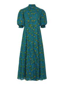 Women's Green Small Flower Pattern Long Shirt Dress, Lapel, Puff Sleeve,Buttons Down, Side Pockets, A-Line Dress, Casual And Elegant, Suitable For Daily Life And Parties - 墨綠色 - 查看 2