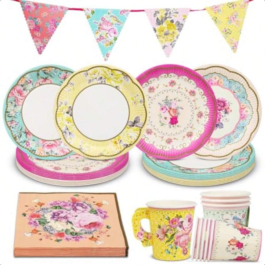 Floral Afternoon Tea Party Decorations For 16 Guests Disposable Tableware Set Pretty Paper Plates Napkins Teacups Bunting For Birthday Mother's Day  Shower Made By Talking Tables-0166 - 漿果(基於花卉上下文預測) - 查看 1