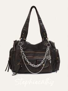 STEPHIECATHY 纯色水洗柔软PU仿皮，拉链闭合，多口袋设计，双短肩带，可调节腰带，男女通用，复古休闲实用，适合上学和日常通勤。 - 咖啡 - 查看 1