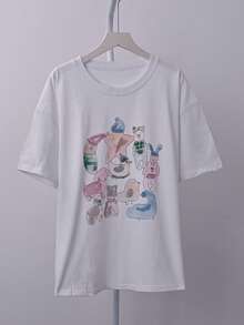 卡通印花宽松休闲圆领短袖T恤 - 白色 - 查看 7