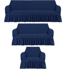 3 Pieza Funda Cubre Sala con Falda Tipo Plumeti Funda de Sofá Lavable Elástica Fácil de Instalar Fundas para Sillones Sala (1 plaza, 2 plazas, 3 plazas) Decoración Sala Azul Marino - Azul Marino - Ver 2