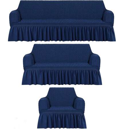 3 Pieza Funda Cubre Sala con Falda Tipo Plumeti Funda de Sofá Lavable Elástica Fácil de Instalar Fundas para Sillones Sala  (1 plaza, 2 plazas, 3 plazas) Decoración Sala Azul Marino