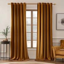 2 Panels Blackout Curtains Solid Soft Grommet Mustard Yellow Thermal Insulated Soundproof Room Darkening Curtains/Drapes/Panels Fall Living Room Bedroom 52 X 90 Inch - Golden Brown - View 1