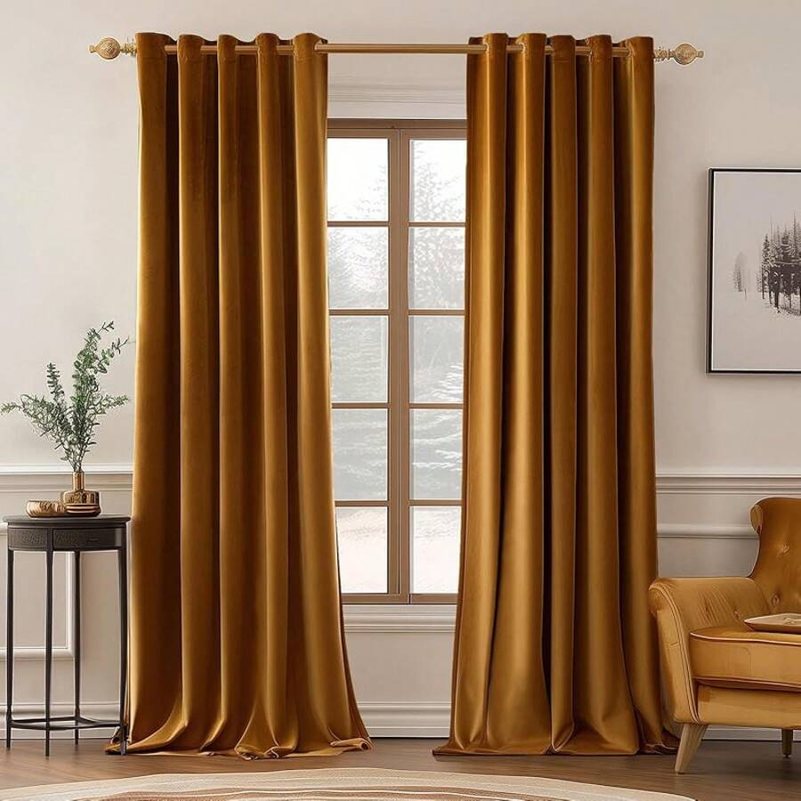 2 Panels Blackout Curtains Solid Soft Grommet Mustard Yellow Thermal Insulated Soundproof Room Darkening Curtains/Drapes/Panels Fall Living Room Bedroom 52 X 90 Inch - Golden Brown - View 1