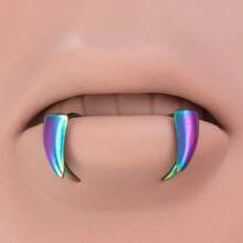 2pcs Halloween Zombie Teeth Vampire Teeth Costume Props Lip Ring Exaggerated Gothic Style Stainless Steel Fake Lip Piercing Stud Ring With Sharp Teeth Design Body Jewelry - Multicolor - View 7