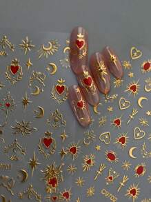 1 张 3D 烫金心形美甲贴纸，1 件 Y2K 全息星星太阳滑块星光 DIY 贴花美甲装饰情人节美甲装饰 - 彩色 - 查看 5