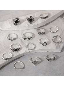 15pcs/Set Rhinestone Decor Star, Sun, Moon, Butterfly, Letter Design Rings - Antique Silver - View 3