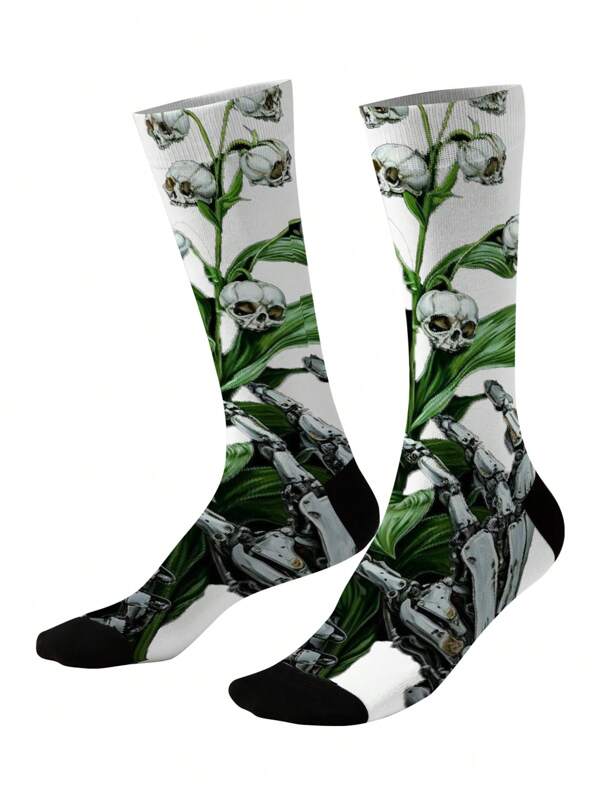 1/2/3 Pairs 3D Style Men's Printed Crew Socks, Mechanical Skull Mid-Calf Socks, Fashion Socks, Novelty Socks, Green Leaf Botanical Pattern Mid-Length Socks, Calf Belly Position, Hip-Hop Socks, Gift Socks, Back To School Season, Halloween, Suitable For Spring/Summer/Autumn/Winter And Any Occasion!