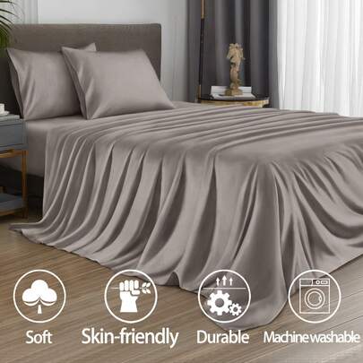 4pcs Solid Dark Gray Bed Sheet Set, Easy Care, Microfiber Soft Bedding Set, Includes 1 Bed Sheet, 1 Fitted Sheet, 2 Pillowcases. Solid Color Bed Sheet Set, Available In Sizes: Super King, King, Queen, Twin. Deep Pocket Fitted Sheet Design Fits Up To 11.8 Inches. Soft & Breathable, Wrinkle-Resistant, Enhances Sleep Quality, Exuding Luxury Hotel Vibe. Suitable As Gift For Parents, Friends, Or For Dorm/Back To School Use.