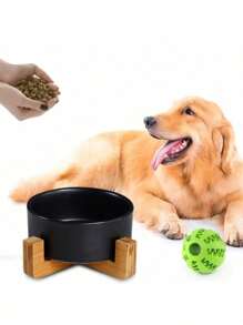 Ceramic Dog Bowl With Wooden Stand, Dog Water Bowl And Food Bowl, Heavy Duty Anti-Slip Pet Comfortable Feeding Bowl With Bamboo Wood Holder - Multicolor - View 3