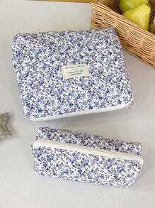 1 pieza Bolsa acolchada de gran capacidad con estampado floral azul de uso múltiple, bolsa de maquillaje de moda y casual con cremallera portátil, esencial para viajes, almacenamiento de papelería, vacaciones, cosméticos, productos de belleza, decoración del hogar, para mamá, mujeres, enfermeras, estudiantes, niñas escolares, llaves, regalos festivos