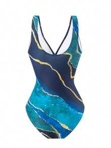 Women's One-Piece Swimsuit With Cover-Up Set Beach Wrap Dress Multi-Color Gradient Print Women's Swimsuit (Tummy Tuck) - 寶藍色 - 查看 3