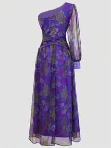 Magic Mia One-Shoulder Maxi Gown - 3D Hand-Sewn Feather Floral Applique Mesh Dress With High Slit & Fully Lined, Long Sleeves | Formal Evening Dress For Garden Parties/Beach Galas, Elegant And Romantic Style - 紫色 - 查看 5