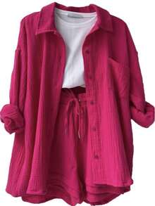 Plain    Casual    Button Front  Button    Home - 玫紅色 - 查看 1