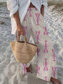 Women's Casual Floral Print Loose Woven Polyester Fabric Pants, Suitable For Daily Wear And Beach In Spring/Summer