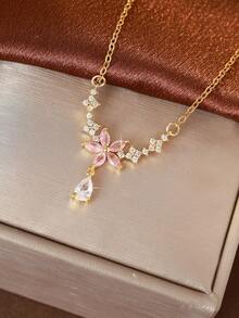 1 chiếc vòng cổ mặt dây chuyền hình giọt nước bằng pha lê Zirconia bằng đồng, món quà thanh lịch và đa năng dành cho cô ấy, thích hợp cho các ngày lễ - Vàng - Xem 2