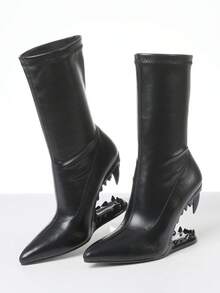 Women's Y2K Metallic Teeth Ankle Boots Fashion Pointed Toe Wedges Sculptural High Heels Slip On Party Sexy Boots Woman - 黑色 - 查看 1