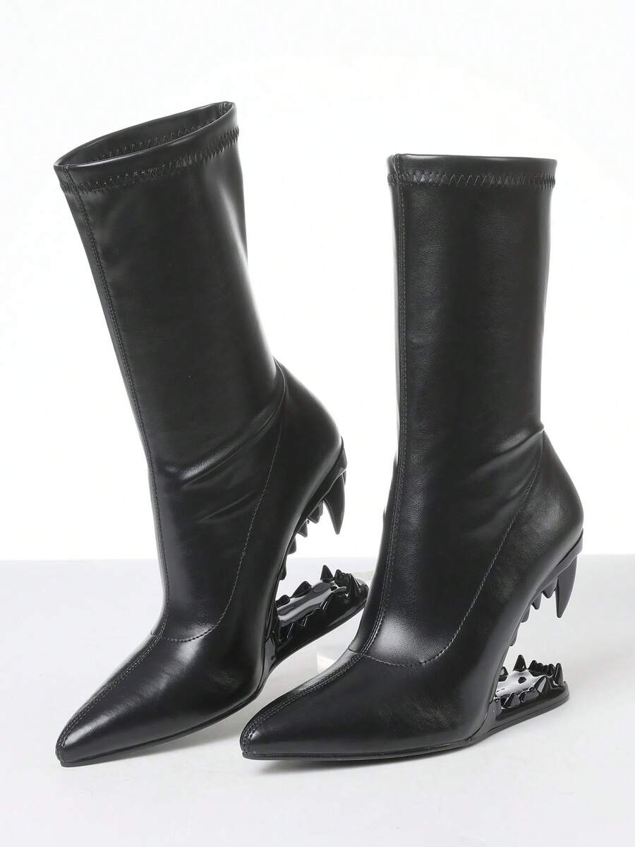 Women's Y2K Metallic Teeth Ankle Boots Fashion Pointed Toe Wedges Sculptural High Heels Slip On Party Sexy Boots Woman - 黑色 - 查看 1