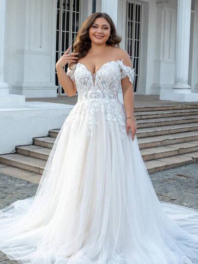 Plus Size Off-Shoulder Detachable Sheer Long A-Line Embroidered Wedding Dress