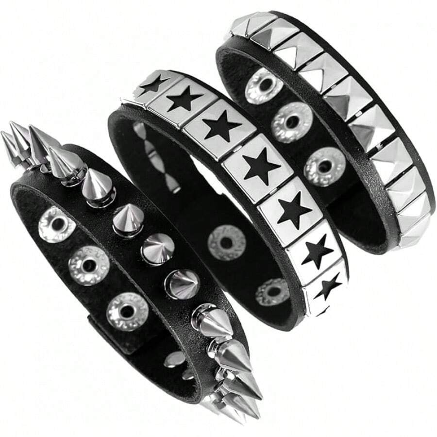 Eigso 3 Pcs Leather Punk Bracelets Men Women Of Rock Rivet Wrap Retro Spike Bracelet Adjustable - 黑色-3 - 查看 1