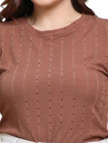 Women's Plus Size Slim Lesse Short Sleeve Social Casual Comfort Blouse - Rust Brown - View 5