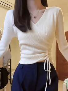 白色抽绳 V 领针织汗衫，修身短款长袖毛衣上衣，女士秋季 - 白色 - 查看 2
