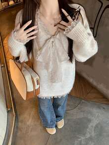 女士韩版蕾丝拼布设计中长款套头衫，秋冬 - 杏色 - 查看 5