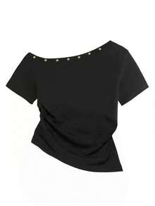 Yorily Asymmetrical Ruched Waist T-Shirt For Women, Asymmetric Asymmetrical Shoulder Crop Top With Short Sleeves, Summer Casual Black - Black - View 3