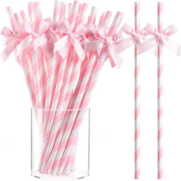 30/50/100 Stück rosa gestreifte Papierstrohhalme mit Satinschleife, geeignet für Baby-Shower, Geburtstag, Hochzeit, Braut, Schmetterlings-Themen-Party, Teenager-Übernachtungsparty, Partydekorationen