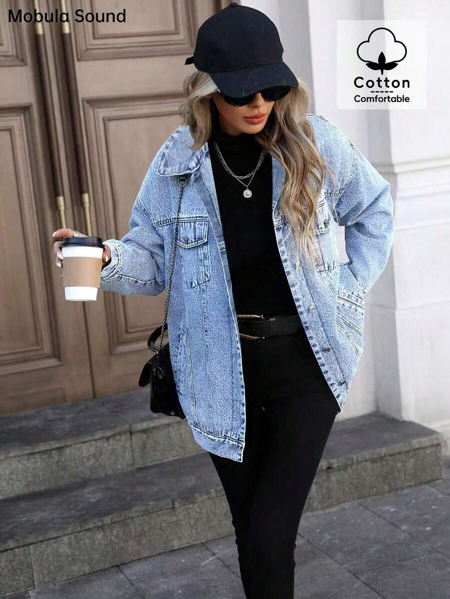 百搭休闲运动时尚女士夹克，春秋冬保暖内衬蓝色 Y2K 学生学院年轻风格牛仔布
