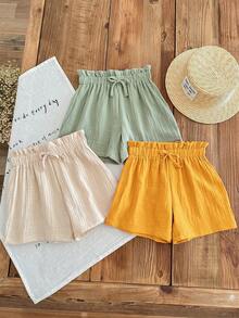 3 件套青少年女童夏季松紧腰纯色短裤，100% 纯棉双层纱布面料，舒适透气，腰部蝴蝶结装饰 - 黃色 - 查看 3