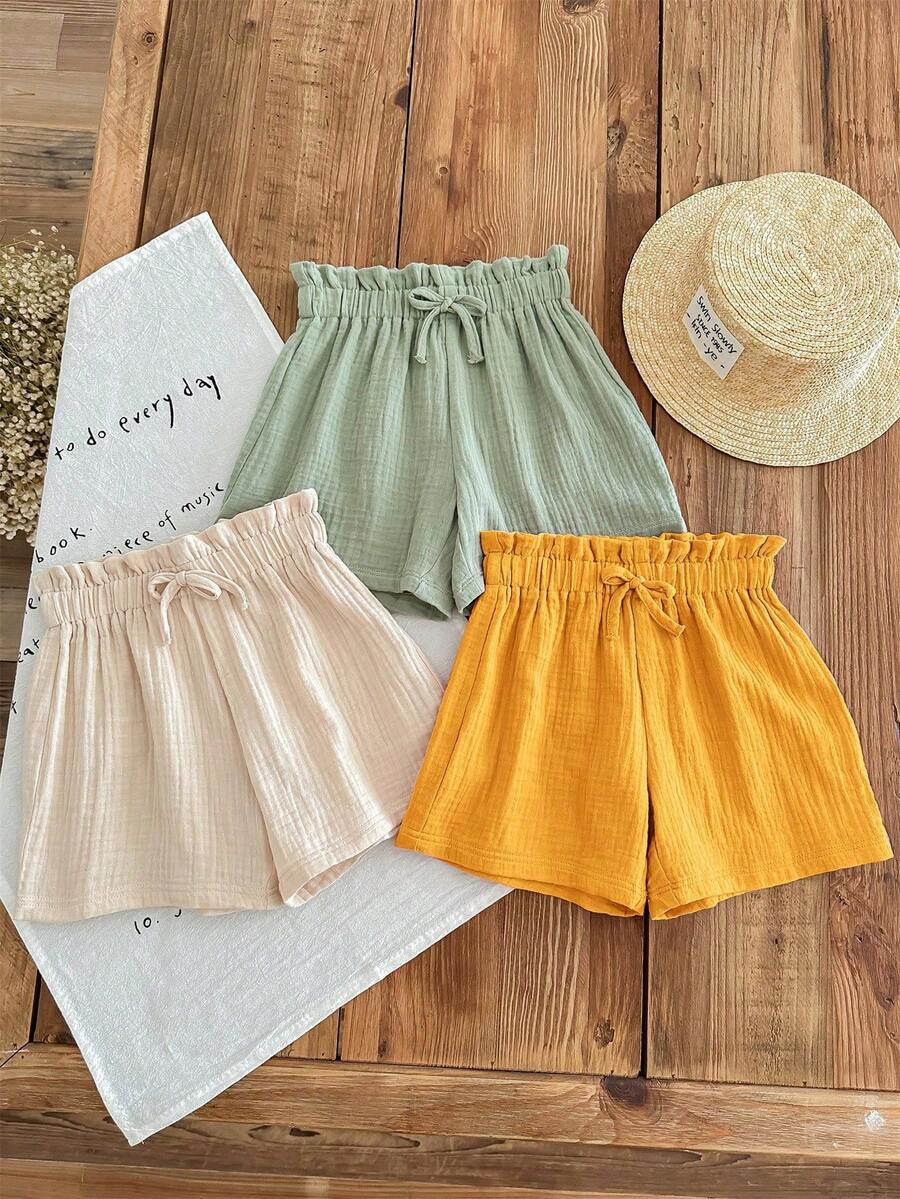 Bộ 3 quần short màu trơn cạp chun mùa hè cho bé gái tuổi teen, vải cotton 100%, thoải mái & thoáng khí, trang trí nơ ở eo - Màu vàng - Xem 1