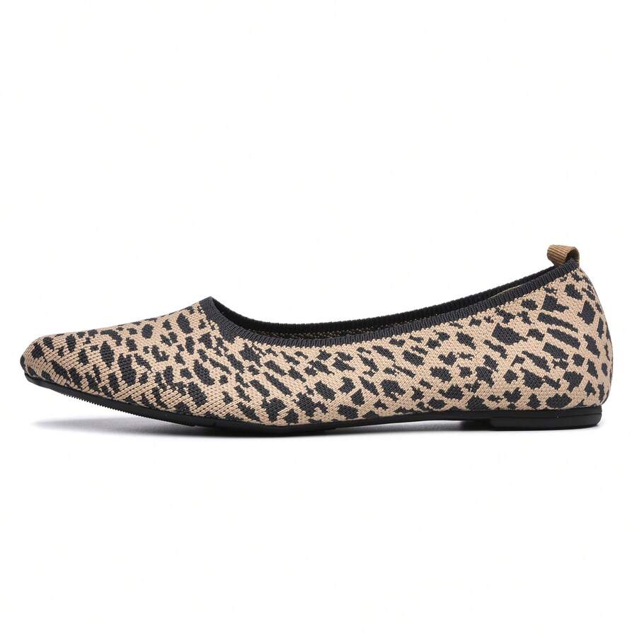 Knit Flats - Pointed Toe Knitted Flats - Solid Color, Slip On, Breathable - Casual, Everyday Wear - Women - Comfortable, Stylish, Versatile - Effortless Style, All Day Comfort - Leopard - View 1