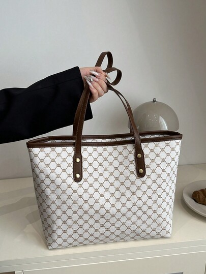 New Vintage Floral Print Women's Tote Bag, Large Capacity Ultra-Light Rivet Decor, Suitable For Commuting, Shopping, Office, University