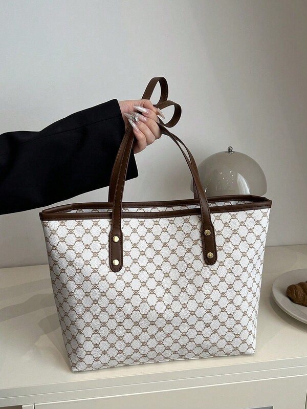 New Vintage Floral Print Women's Tote Bag, Large Capacity Ultra-Light Rivet Decor, Suitable For Commuting, Shopping, Office, University