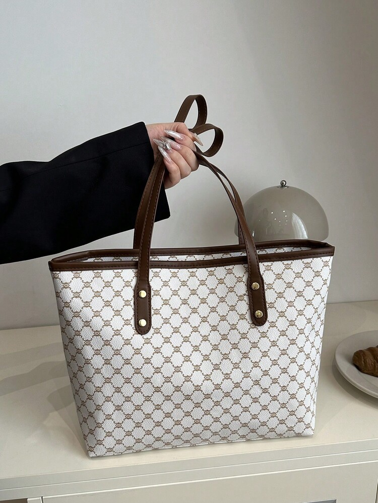 新款复古花卉印花女士托特包，大容量超轻铆钉装饰，适合通勤、购物、办公室、大学 - 白色 - 查看 1