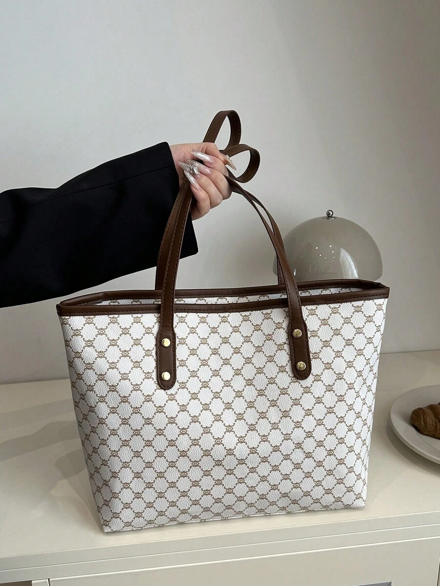 新款复古花卉印花女士托特包，大容量超轻铆钉装饰，适合通勤、购物、办公室、大学 - 白色 - 查看 1