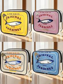 新款可爱沙丁鱼罐头造型 PVC 盥洗包 - PVC 防水盥洗包，创意沙滩包，彩色鱼罐头设计化妆包，轻巧可折叠，适合旅行、商务、健身、露营和户外使用，便携式化妆包 | 趣味配件 | 拉链开合，旅行化妆包（图案随机剪裁）学校假期返校用品旅行必需品包女士旅行包