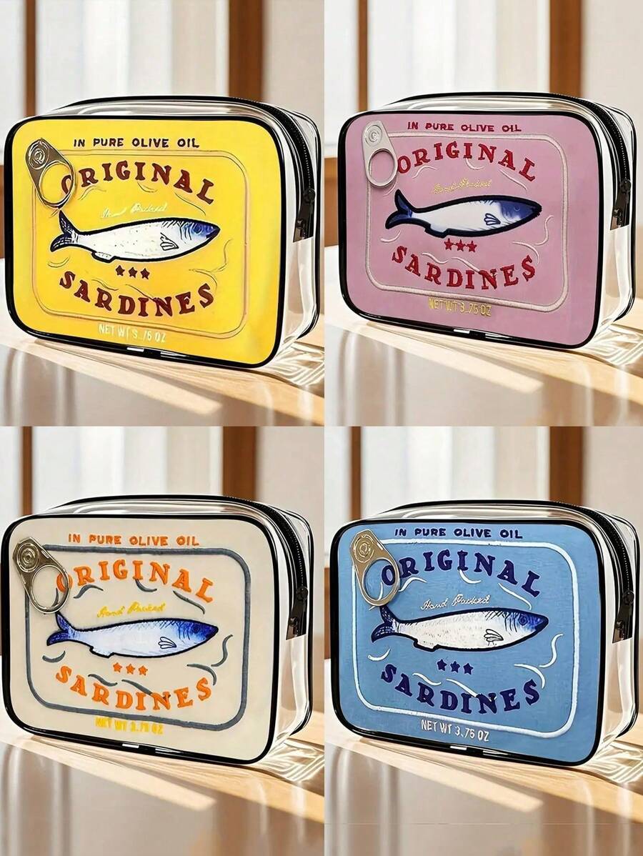 新款可爱沙丁鱼罐头造型 PVC 盥洗包 - PVC 防水盥洗包，创意沙滩包，彩色鱼罐头设计化妆包，轻巧可折叠，适合旅行、商务、健身、露营和户外使用，便携式化妆包 | 趣味配件 | 拉链开合，旅行化妆包（图案随机剪裁）学校假期返校用品旅行必需品包女士旅行包