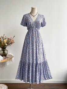 Rusttydustty 网络星期一、圣诞节、万圣节、新年派对穿搭：标准尺码女士拼接V领收腰休闲度假长裙，波西米亚风，适合复活节、海滩、夏威夷、音乐节、热带度假等场合。 - 藍色 - 查看 3